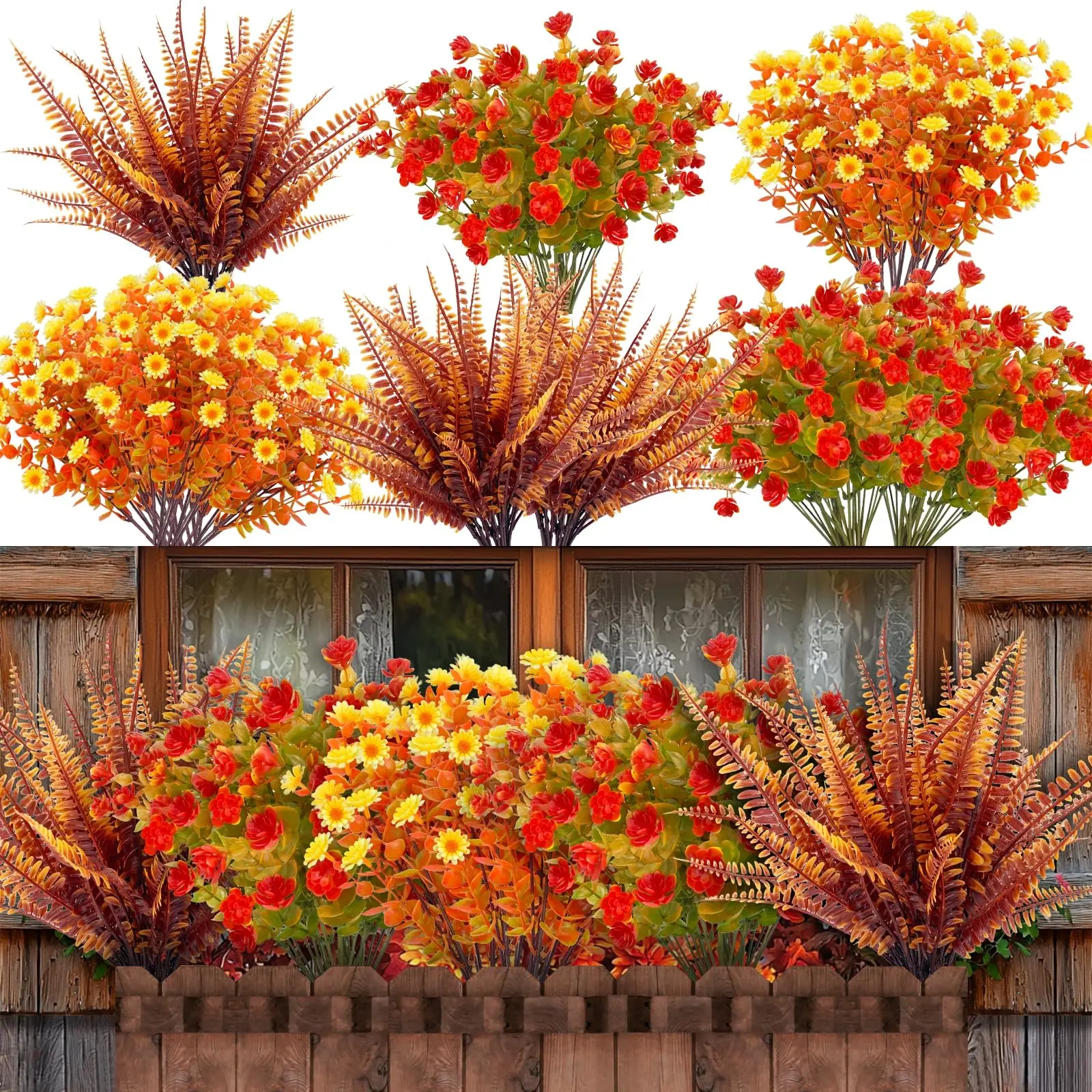 Fall Artificial Flower 20 Bundles UV Resistant Colorful Fake Flower Plastic Daisies Mums Decorative Bouquet Fall Outdoor Decorations for Home Garden Party Wedding Decor Hanging Planters Artificial Flowers Bouquet