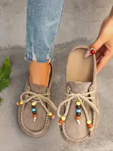 Women's Ethnic Style Hippie Slippers, Hemp Rope Laces, Colorful Beaded Decor, Fashionable Slip-On Flats, Lightweight Non-Slip Rubber Outdoor Shoes