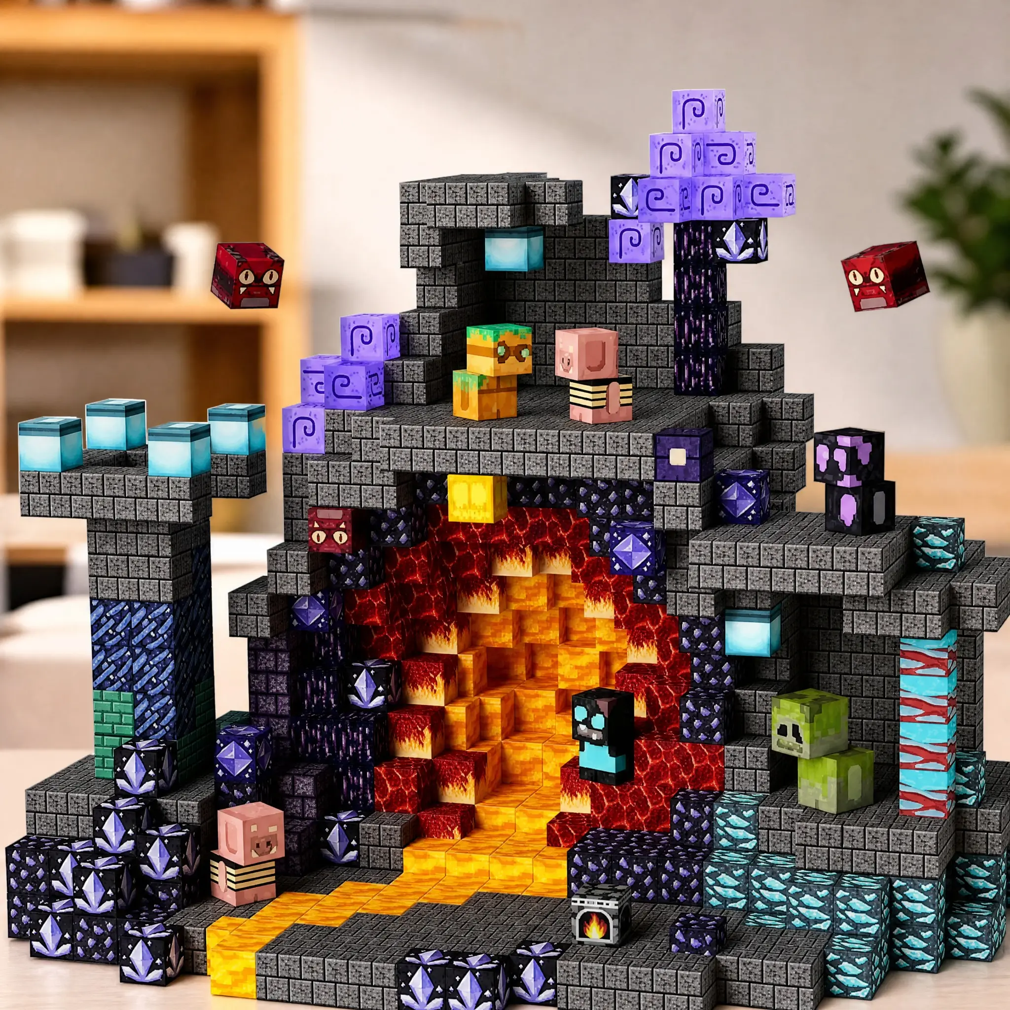Unisex Magnetic Building Blocks, Nether Volcano Themed 3D Magnet Cube Set, Open-Ended Creative Assembly Toy, STEM Educational Construction Assembly Kit, Ideal Birthday/Christmas Gift for Kids Ages 4+