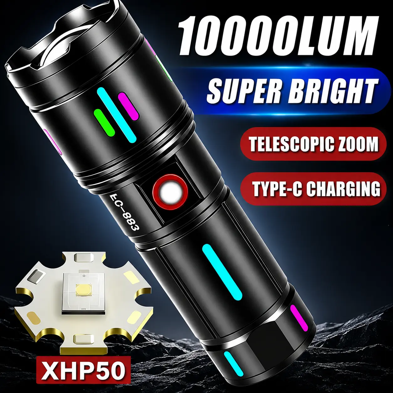 2026 NEW Aluminum Alloy Flashlight, High Lumen Rechargeable LED Flashlight Zoomable Long Range Waterproof, 5 Modes Digital Display Lithium Battery Torch for Outdoor Camping Hiking Emergency Survival, High-Power Standard Torches, Nighttime Flashlight Torch
