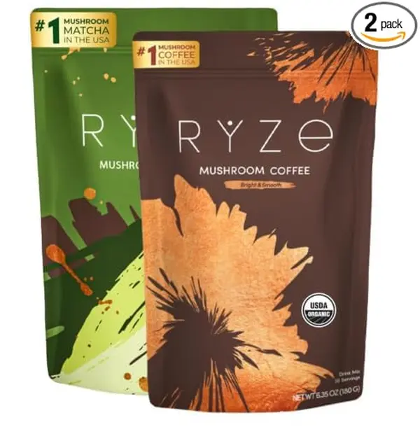 RYZE SUPERFOODS All Day Energy Bundle with Mushroom Medium Roast Coffee + Mushroom Matcha, USDA Organic with 6 Adaptogenic Mushrooms + Matcha for Better Energy, Focus, Digestion 30+30 serving