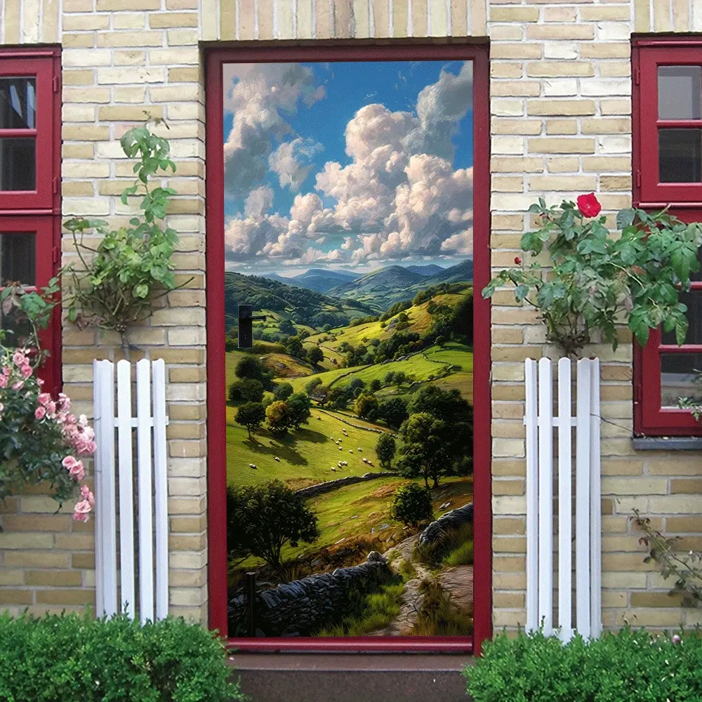 2pcs Pastoral Landscape Wall Stickers European Countryside Scenery Decals Self Adhesive Removable Green Hills Sheep Mural Living Room Bedroom Wall Decor Home Art Stickers for Sales