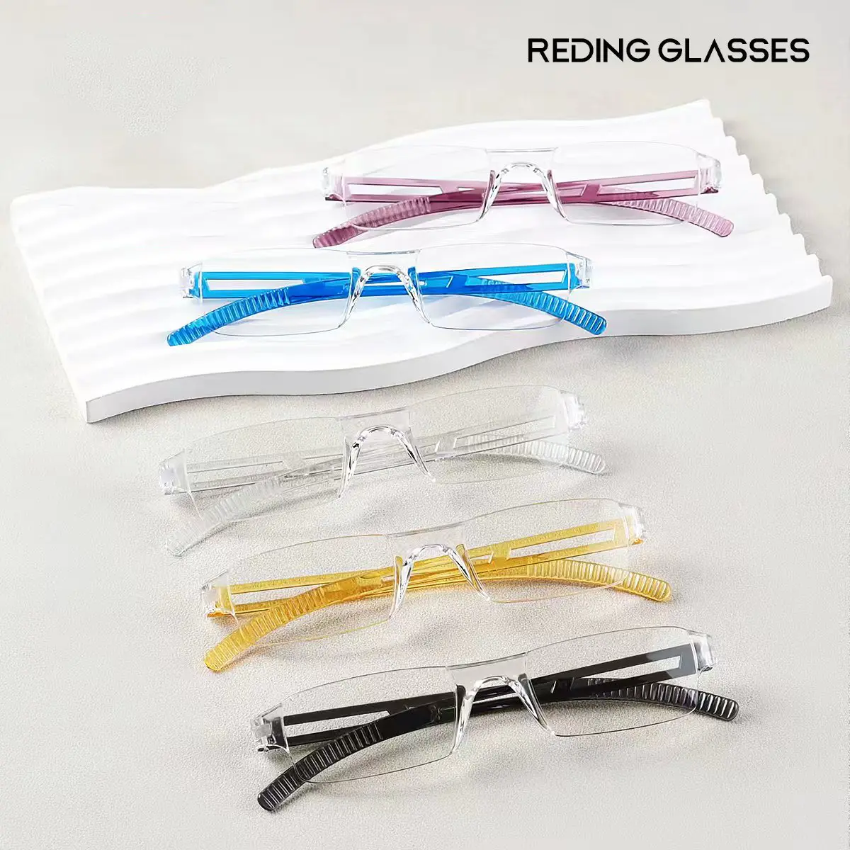 Women's 5-Pack Rectangular Reading Glasses, Lightweight Polycarbonate Rimless Frames, Blue Light Blocking, Multiple Strengths, Set of 5 Colors