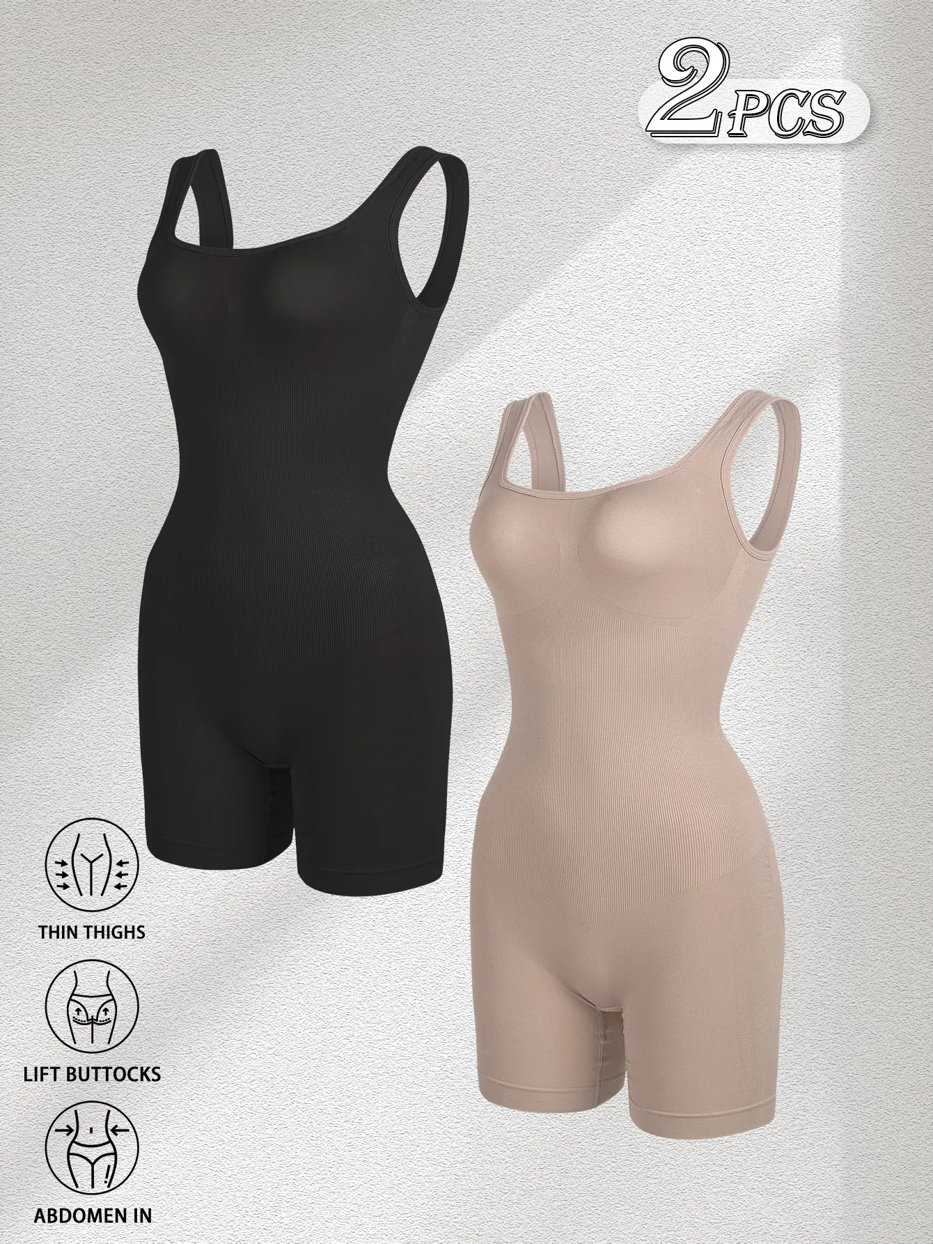 2 Pack Wide Strap Square Neck Mid Thigh Body Shaper Jumpsuit, Tummy Control Butt Lifting Seamless Compression Bodysuit, U Back Full Figure Sculpting Shapewear Under Dresses Daily Outfits
