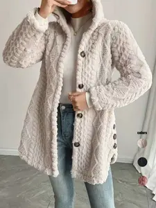 Women's Fall Winter Warm Fashion Hooded Woven Cardigan Long Sleeve Fitted Outerwear, Casual Plain Design, Suitable for Daily, Campus, Leisure Gatherings