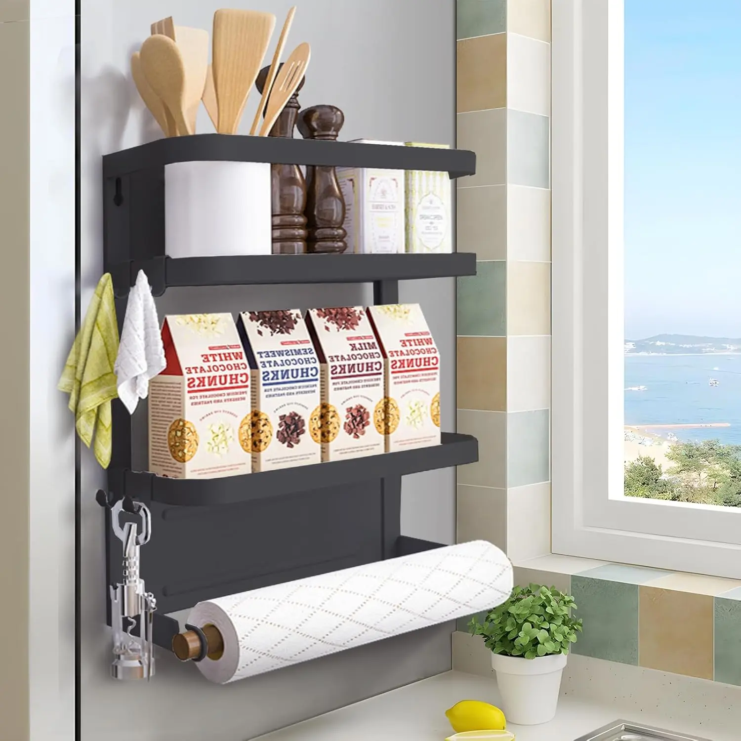 Black Magnetic Fridge Organizer Shelf with Paper Towel Holder & Spice Seasoning Rack, Multi-Purpose Refrigerator Magnet Storage for Kitchen Organization