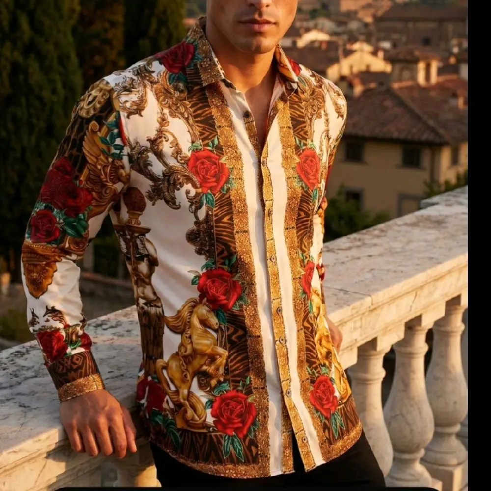 Barabas Men's Red Rose Rhinestone Button Up Dress Shirt with Gold Embroidery and Tiger Stripe Design