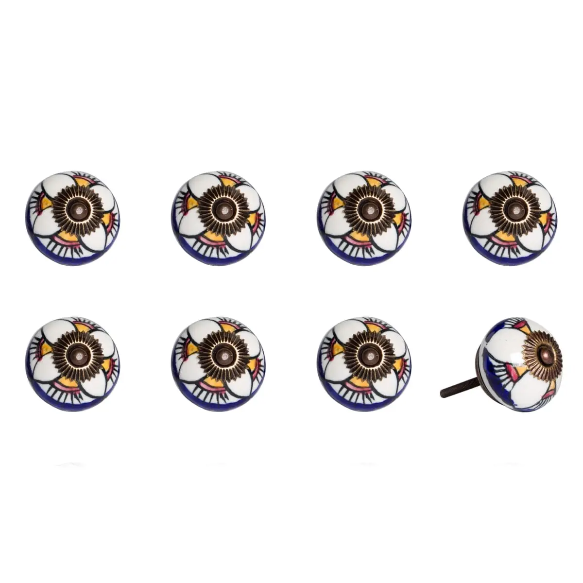 212 MAIN Ceramic-Metal Round Drawer Pull Knobs, 1.5 in, Hand-Painted Blue & White Flower-Themed, Set of 8, Traditional Large Home Appliance Parts & Accessories