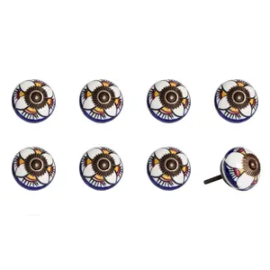 212 MAIN Ceramic-Metal Round Drawer Pull Knobs, 1.5 in, Hand-Painted Blue & White Flower-Themed, Set of 8, Traditional Large Home Appliance Parts & Accessories