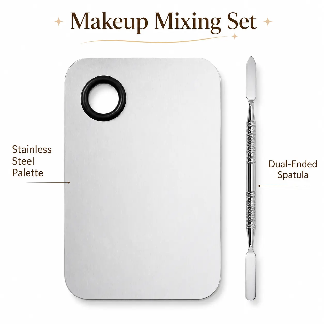 Stainless Steel Makeup Mixing Palette Set with Spatula, Ring Finger Hole, Easy-Clean Non-Absorbent Tray – Professional Makeup Artist Essential for Foundation Cream, Gel Nail Polish Manicure Salon Beauty Tool