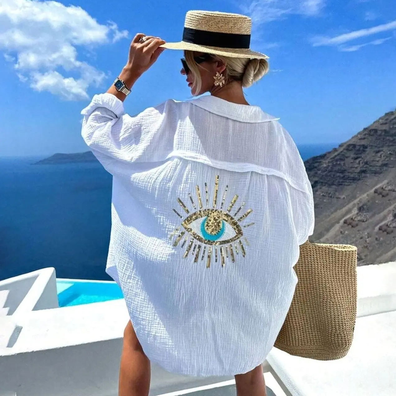Oversized Crinkle Linen Shirt, Evil Eye Sequin Embroidered Beach Tunic Cover Up, Long Sleeve Loose Casual Top
