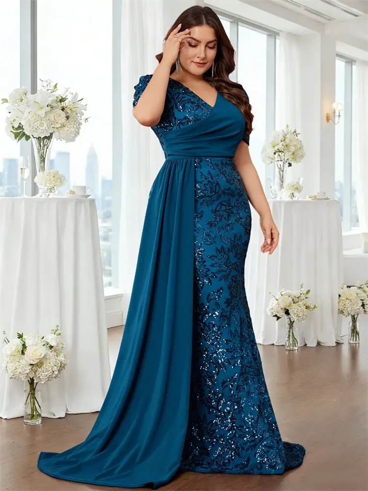 Women's Curvy Dresses Plus Size, Elegant Short-Sleeve Sequined Formal Wear with Heavy Ornaments, V-Neck Slim-Fit Evening Dress for Ladies (Various Colors)