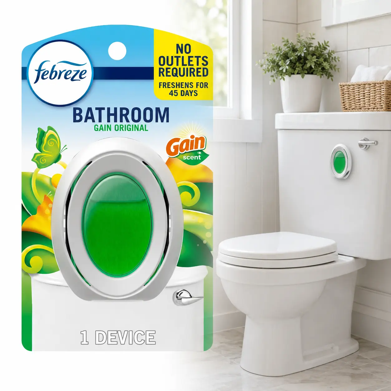 Febreze Bathroom Air Freshener, Odor-Fighting, Gain Original Scent, 1 Count,small spaces air freshener,odor eliminator,45-day freshness,no batteries,no outlets,4x scent intensity,refill-free,bathroom,bedroom,closet,laundry room,entryway,hallway,office sum