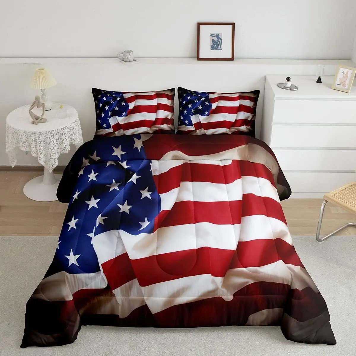 Feelyou Microfiber Decorative Bedding Set - US-Themed Quilted Lightweight Duvet Set, Blue-White-Red Geometric Stripes, Star-Patterned, Machine Washable