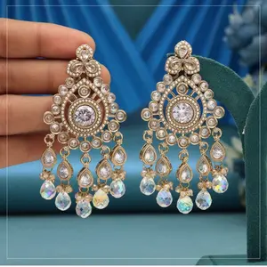 Gold Plated Translucent Earrings with Decorative Design and Sparkling Accents