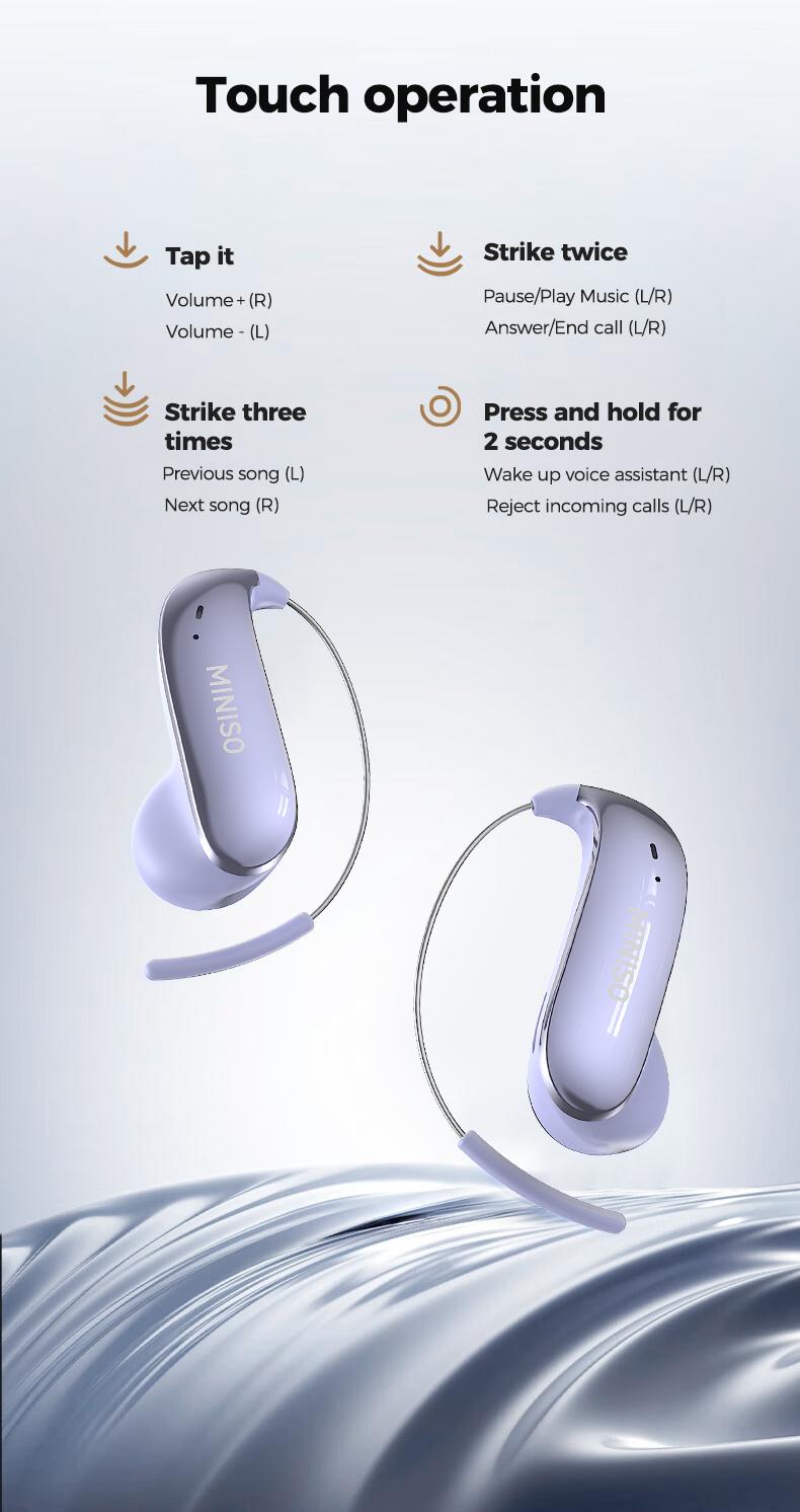 MINISO Wireless EarBuds - Bluetooth Headphones with Zero‑Gravity Titanium Ear‑Hook Design, Noise Isolation, Wireless Earbuds Headset Bluetooth 6.0, IPX5 Waterproof & Sweatproof, Ideal for Travel & Electronic Gifts for Men and Women