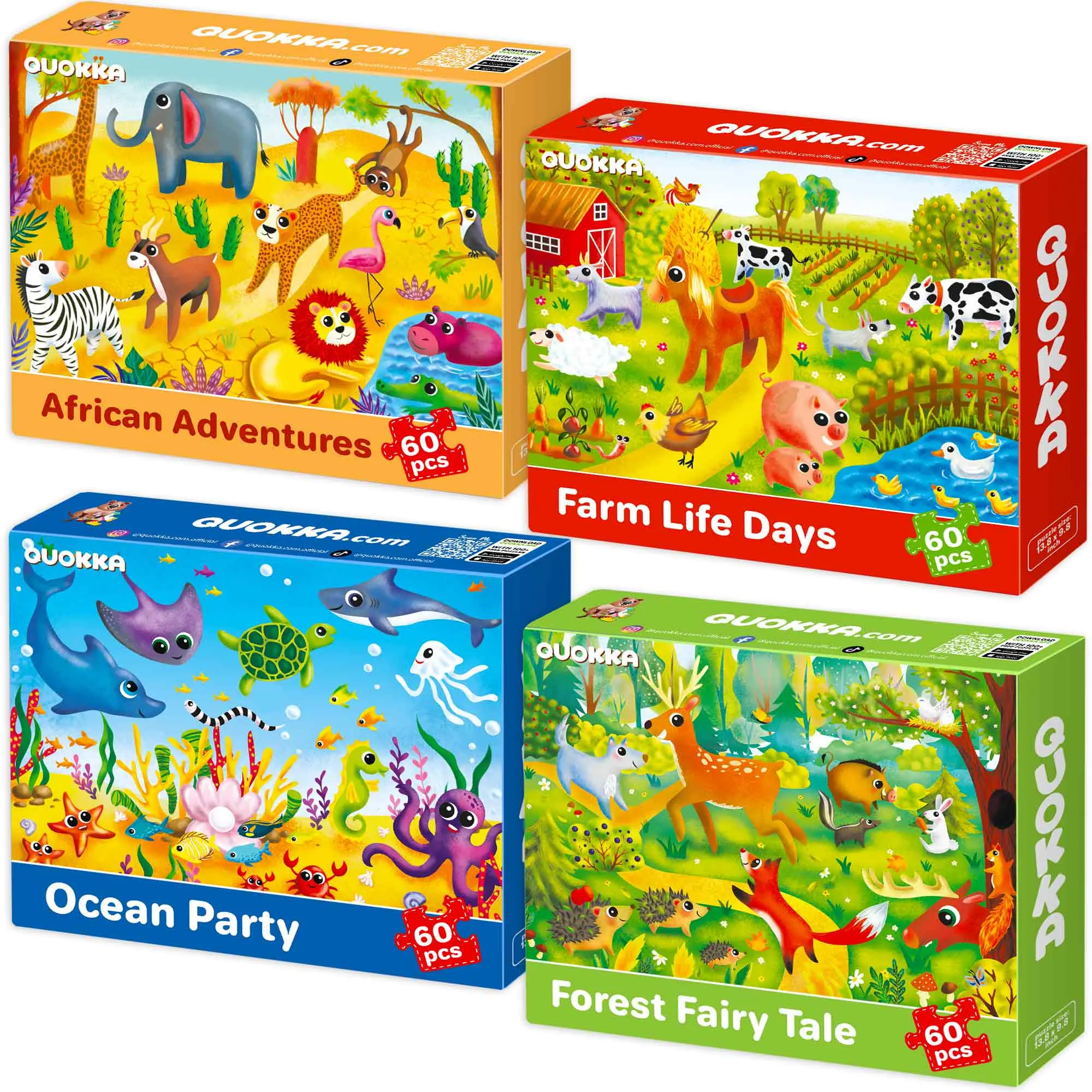 QUOKKA Kids' 4-Set Creative Puzzle - 60-Piece Mentally Stimulating Cardboard Jigsaw for 6-8 Years, Farm/Ocean/Safari Wildlife Themes, 13.8x9.8 Inches, Boosts Patience, Logical Thinking, Animal Learning