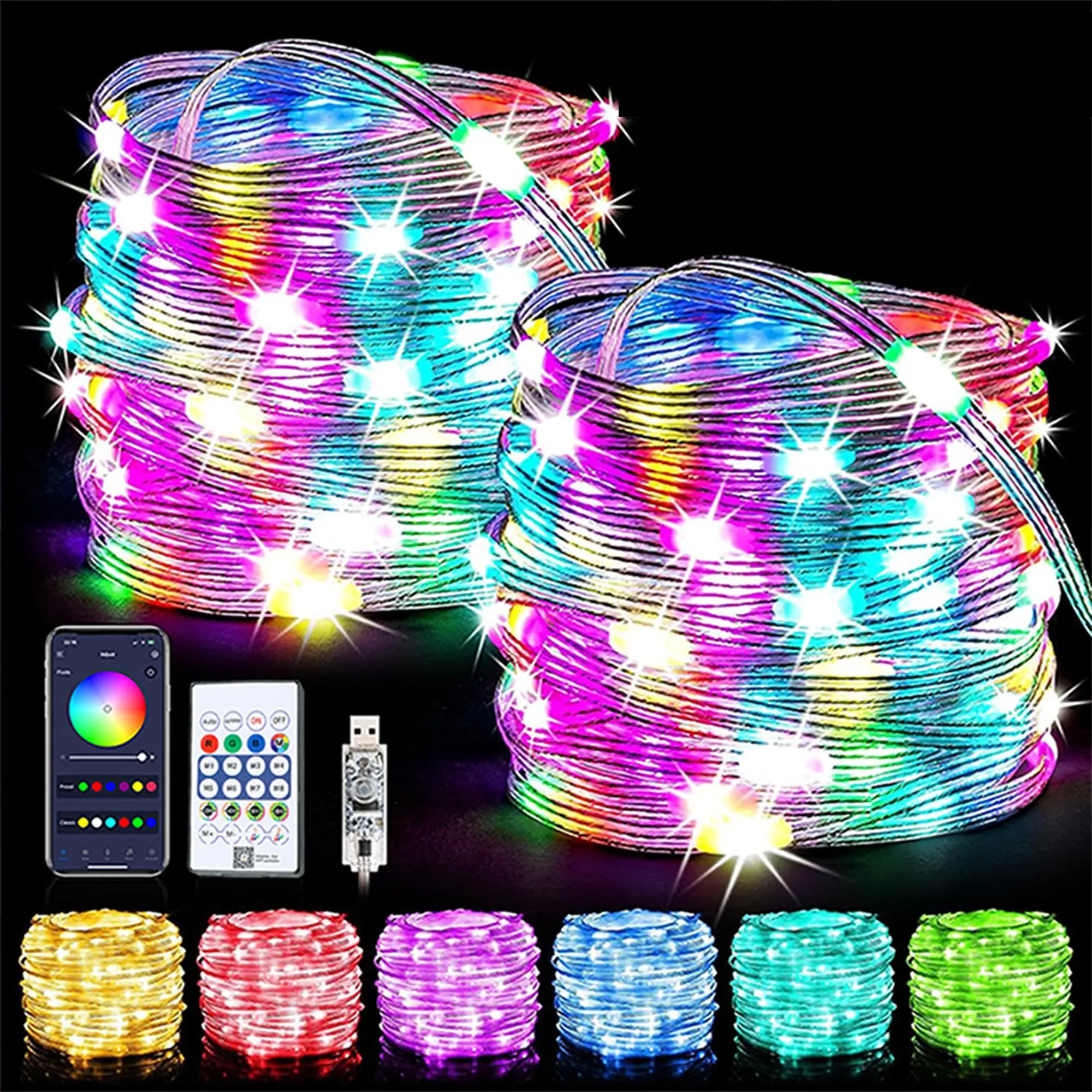 RGB Smart Flashing String Lights, Bluetooth-compatible Control, Music Sync, Waterproof Color Change, RGB Light Effect, LED Fairy Lights for Halloween, Christmas, Party Decor, Led Atmosphere Lights, Dynamic Led Lights, LED RGB Lighting, Led Decoration