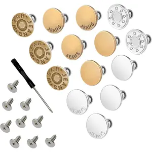 14 count Jean Buttons for Loose Jeans - 17 mm  Replacement Buttons No-Sew Nailess Removable Metal Jeans Buttons with Screwdrivers for Cowboy Clothing Jackets Pants DIY Accessories (14)