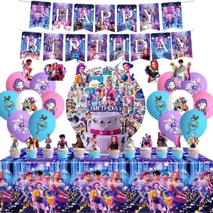 109pcs Supplies Birthday Decorations Set Include Banner, Balloons, Stickers, Swirls, Cake Cupcake Toppers, Tablecloth for Boys Girls Demon Hunters Theme (Pink)