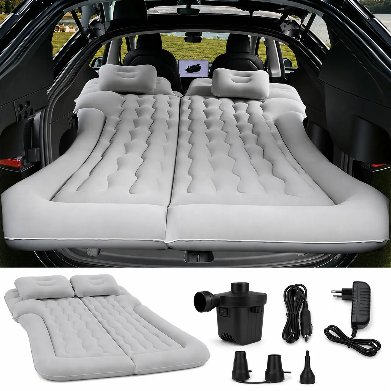 Double-Sided Thick Flocked Car Air Mattress with Electric Pump & Pillows, Complete Sleeping Accessories for Auto Camping & Road Trips