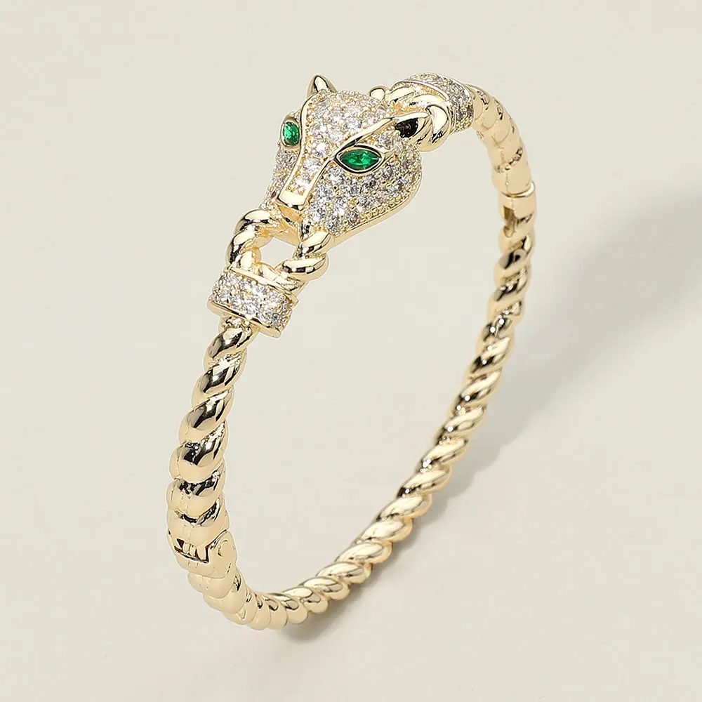 CZ Stone Paved Leopard Panther Head Accent Hinged Bangle Bracelet for Fashion Lovers with Shimmering CZ Cubic Zirconia Stones