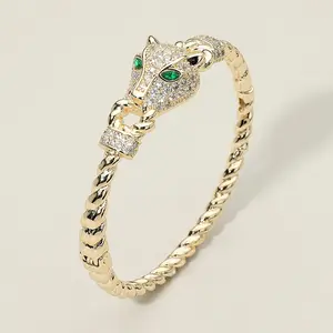 CZ Stone Paved Leopard Panther Head Accent Hinged Bangle Bracelet for Fashion Lovers with Shimmering CZ Cubic Zirconia Stones