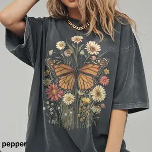 Comfort colors Vintage Monarch Butterfly Tee, Wildflower Meadow Portrait, Illustration Graphic TShirt, Botanical Top