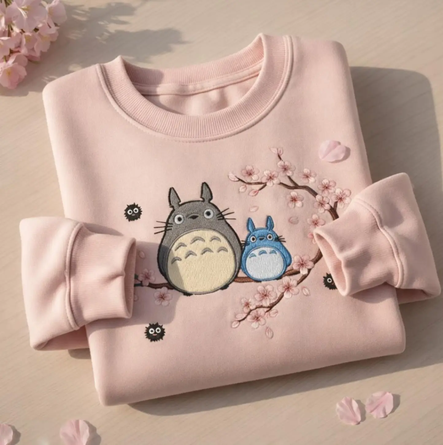 Embroidered Cherry Blossom Totoro Shirts, Ghibli Inspired Anime Sweater Comfort Colors Unique Funny Style Outfit