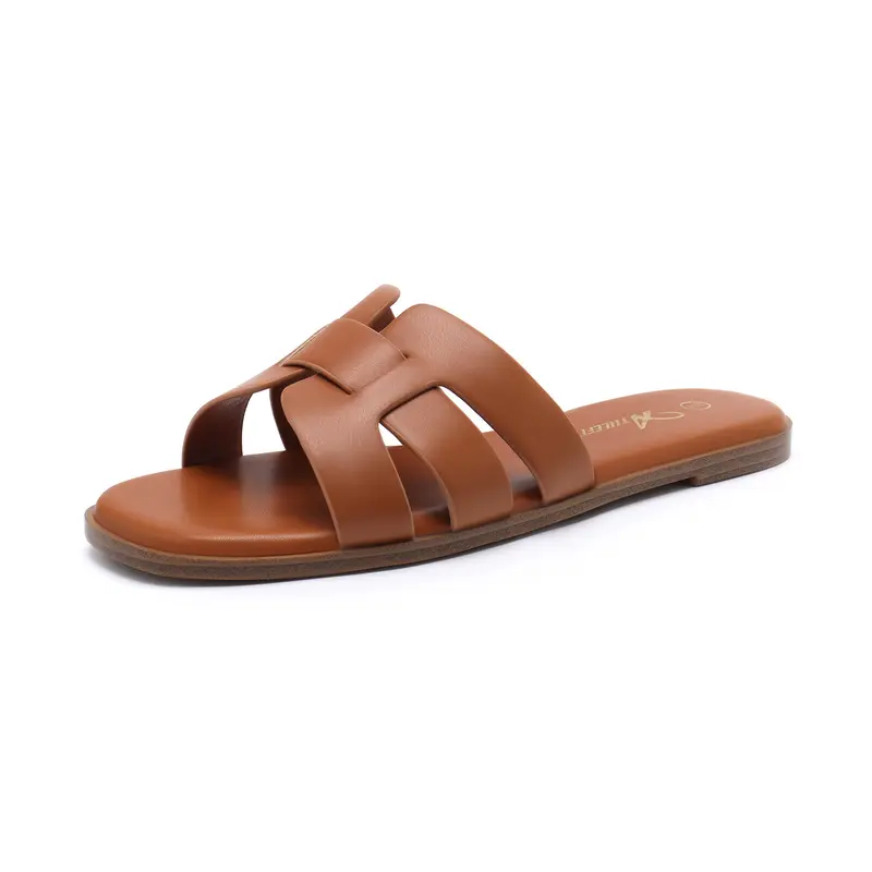 Athlefit Women's Basic Modern Square Toe Lightweight Minimalist Leather Cross-Strap Flat Slide Sandals - 1 Pair Fashionable Comfy Shoes for Women, Cool Open Toe, Slip-On, High-Rebound Foam Cushions, Indoors Casual Summer Footwear