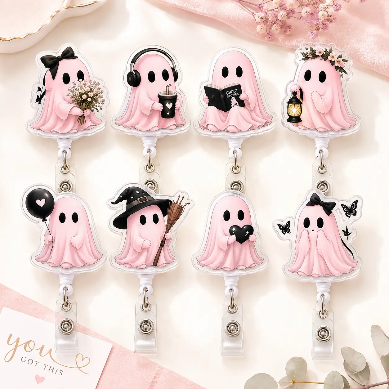 Cute Pink Ghost Badge Reel, 2D Aesthetic Spooky Character ID Holder, Retractable Clip for Nurses