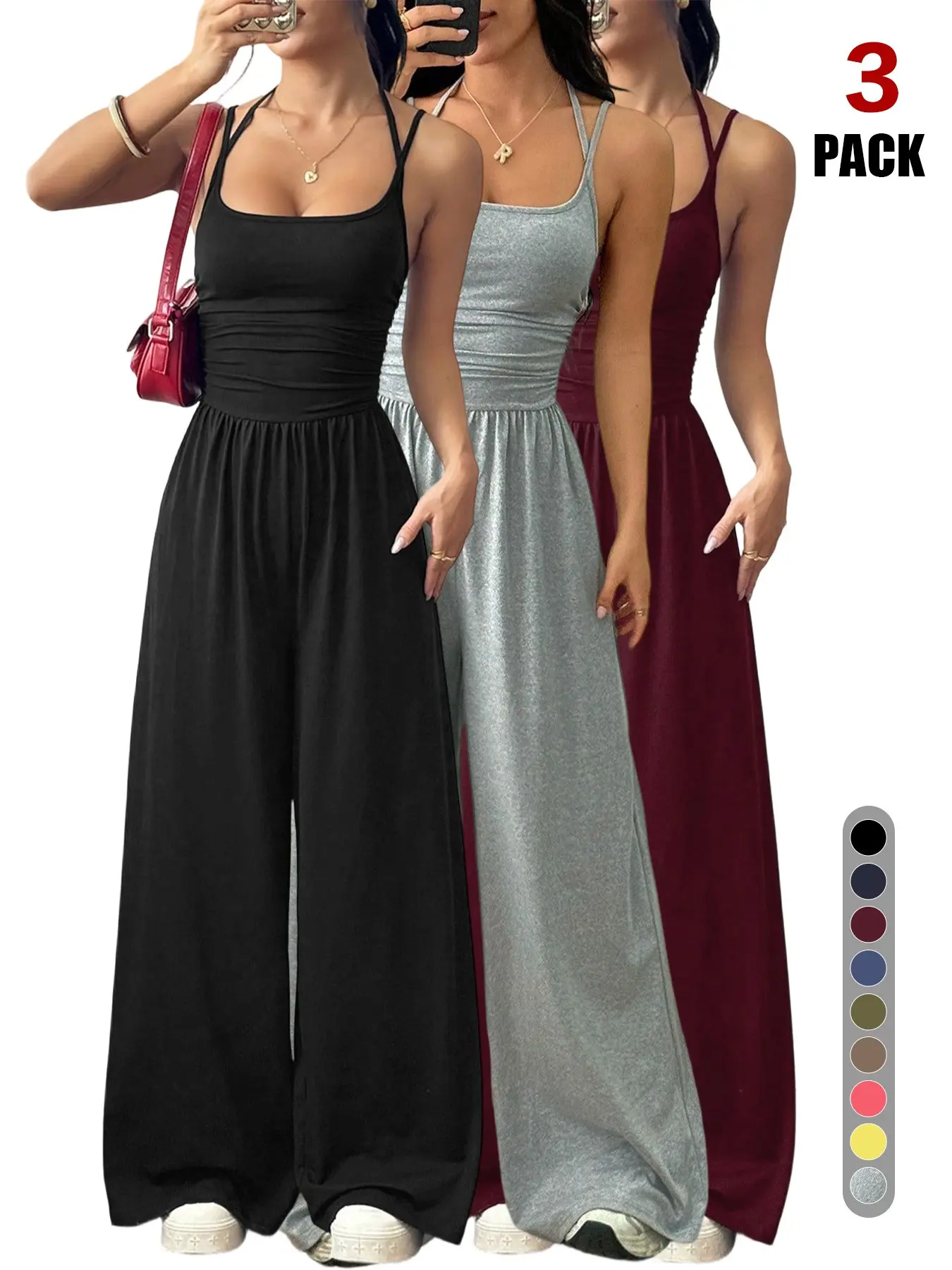 Women's Sleeveless Strap Jumpsuit, Pleated Waist Wide-Leg Pants, One-Piece Sexy Backless Statement Design, All Seasons Fitted Organic Textile, Soft, Chic Womenswear, Outfit