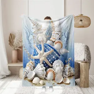 1 piece of ocean wind shell, starfish beach print flannel blanket is soft and comfortable. Suitable for sofa bed camping and other occasions Decorative Blanket