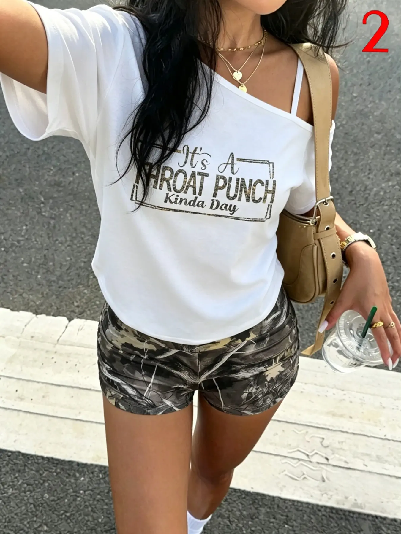 Women's Gothic Cool Shoulder T-Shirt & Camo High Waist Shorts Set, Summer Casual Set, Casual Fitted for All Seasons, Stylish and Comfortable, Everyday Womenswear