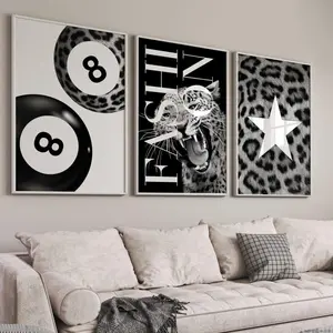 Black and White Fashion Prints Set Leopard Roar Print 8 Ball Leopard Star Poster