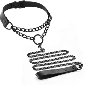 Gothic Black Circle Pet Collar and Leash Set Dogs, Leather Chain Necklace Sexy Goth Punk Emo Accessories Collars Cosplay, Halloween, Concerts (Fit Neck: 11-15 Inches)
