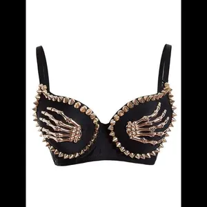 BLACK 1960S GOTHIC PUNK SKELETON HAND RIVET TOP Womenswear Light