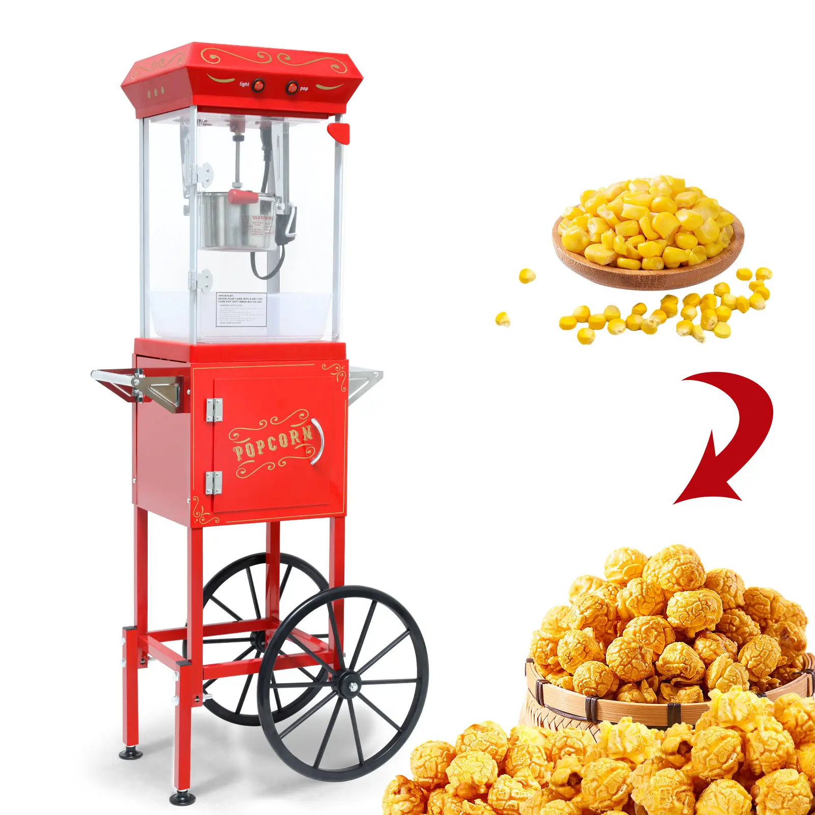 6 Oz 120V Corded Vintage Commercial Popcorn Machine, 480W Red Steel Frame, 2-Switch Control, Mobile Cart with Lockers & Storage Cabinet, 1 Drawer, 1 Scoop, 2 Spoons, Tempered Glass Doors, Heated Deck, 36 Cups/Batch, Vintage Charm for Family Watch Parties,
