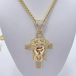 Xuping Gold Plated Jesus Cross Pendant Necklace with Cuban Chain-Link, 23in C21 Plating, Rhinestone Face, Jewelry Design, Fashion Costume Gold Plated Necklaces for Everyday Wear or Gifting