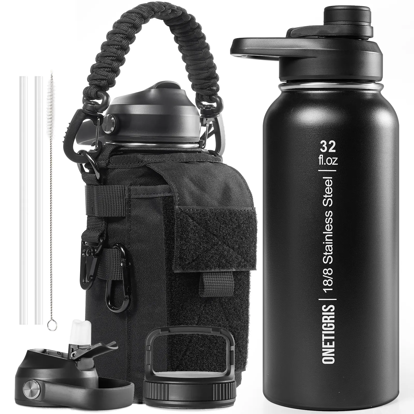 ONETIGRIS 32 oz Insulated Water Bottle with Straw - Tactical Stainless Steel Water Jug, Leakproof Thermos Wide Mouth Sport bottle with 3 Lids and Sleeve for Travel, Gym, Camping, Hiking