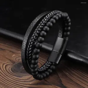 Men's Black Onyx Braided Rope Multilayer Woven Genuine Leather Bracelet Natural Stone Bangle Magnetic Clasp
