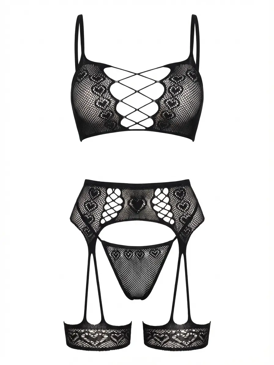 Women's 3-Piece Dotted Net Underwear Sets, See Through Halter Bralette with Heart Accent and Garter Harness, Fabric, Matching, Breathable, Bedroom Wear, Lace, Panty, Lingerie, Sexy, Polka Dot, Daring Net Cut-Outs, Dotted Net Design