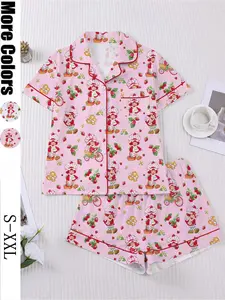 Women’s Strawberry Cartoon Pajama Set, Button Up Short Sleeve Top, Elastic Waist Shorts, Cute Casual Style, Home Lounge Sleepwear Outfit