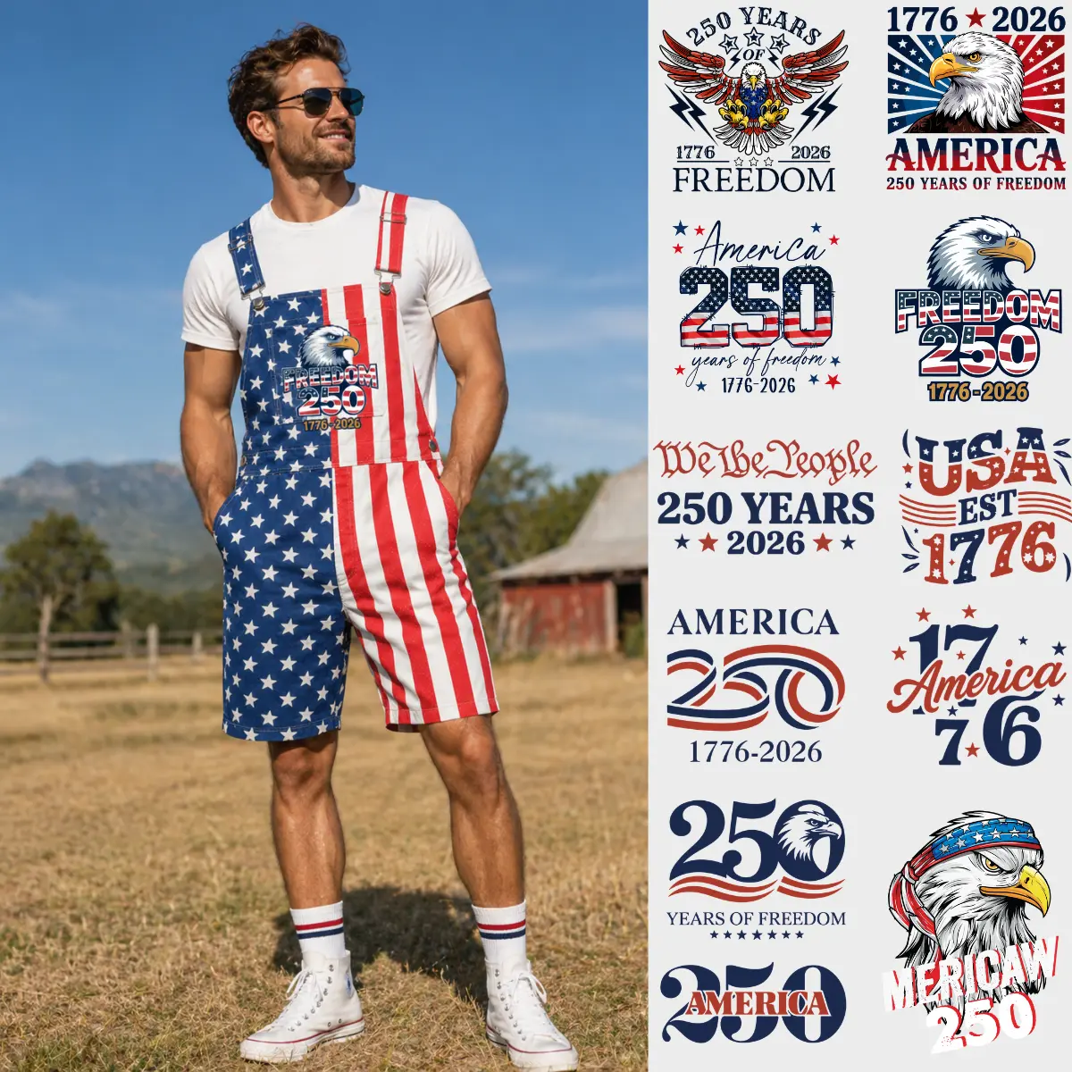 Printed Overalls Shorts Unisex, Graphic 250th Anniversary 4th of July, Festival Romper Jumpsuits Work Bibs Coveralls Gifts for Men and Women
