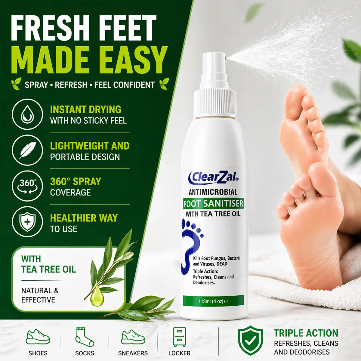 ClearZal Tea Tree Oil Foot Spray for Odor Relief & Hygiene - Quick Drying Feet & Shoe Deodorizer, Infused with Aloe Vera, 4oz Travel-Friendly Mist[Star]