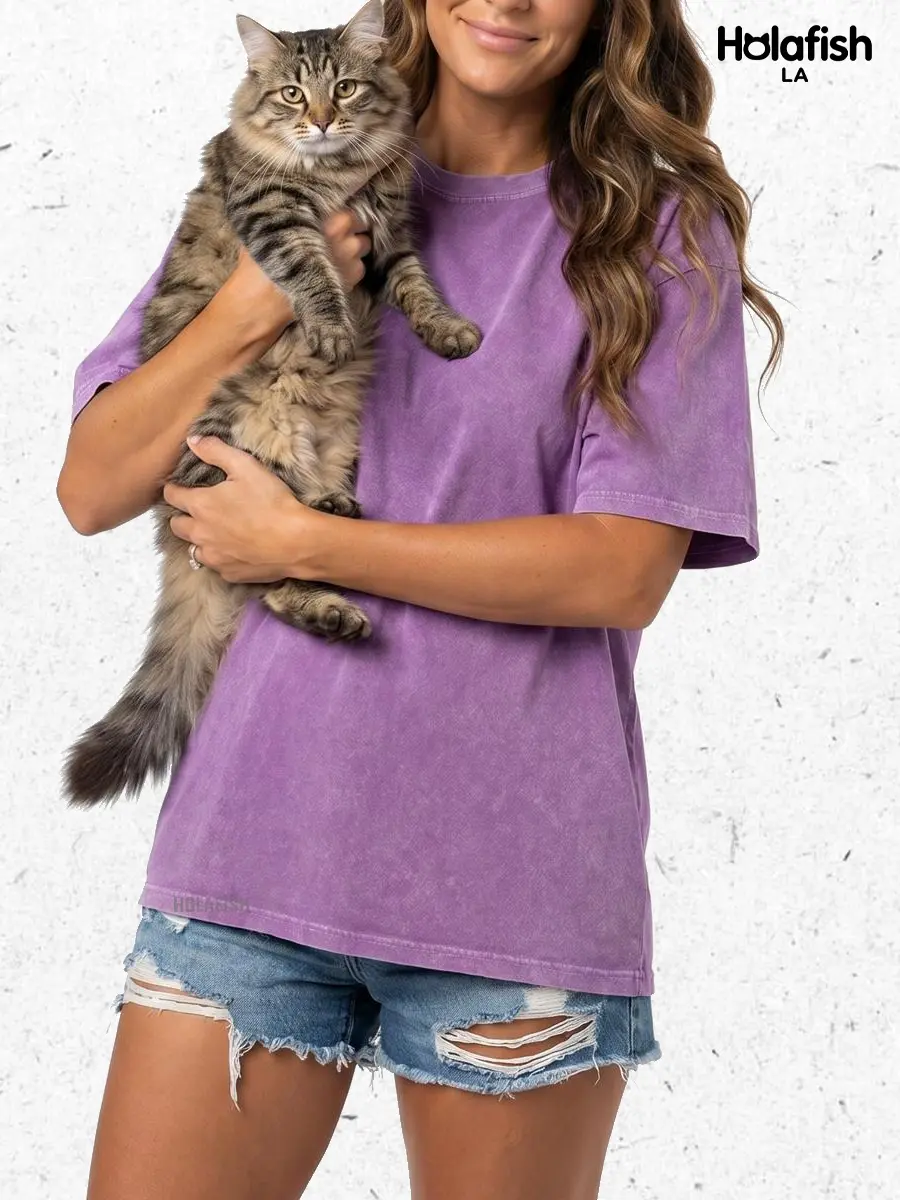 Holafish Soft Cotton Acid Washed T-Shirt for Women, Oversized Casual Fashion Streetwear Top with Short Sleeves and Crew Neck