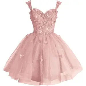 Shoulder glitter chiffon youth back to school dress 3D butterfly short ball dress sequin dress
