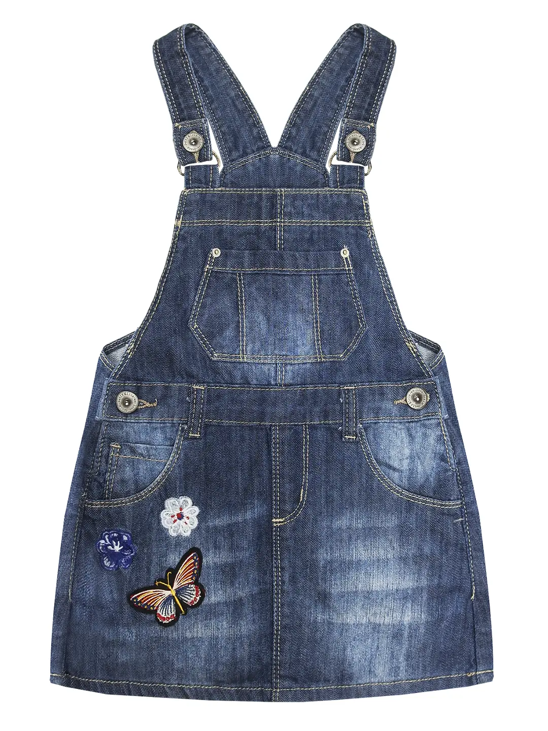 Kidscool Space Girls Floral Embroidered Denim Overall Dress  Cute A-Line Jean Pinafore Skirt 4-14T, Photos, Adjustable, Butterfly, 100 Cotton Clothing, Pocketed, Sleeveless Shirt, Loose-Fit, Adjustable Strap