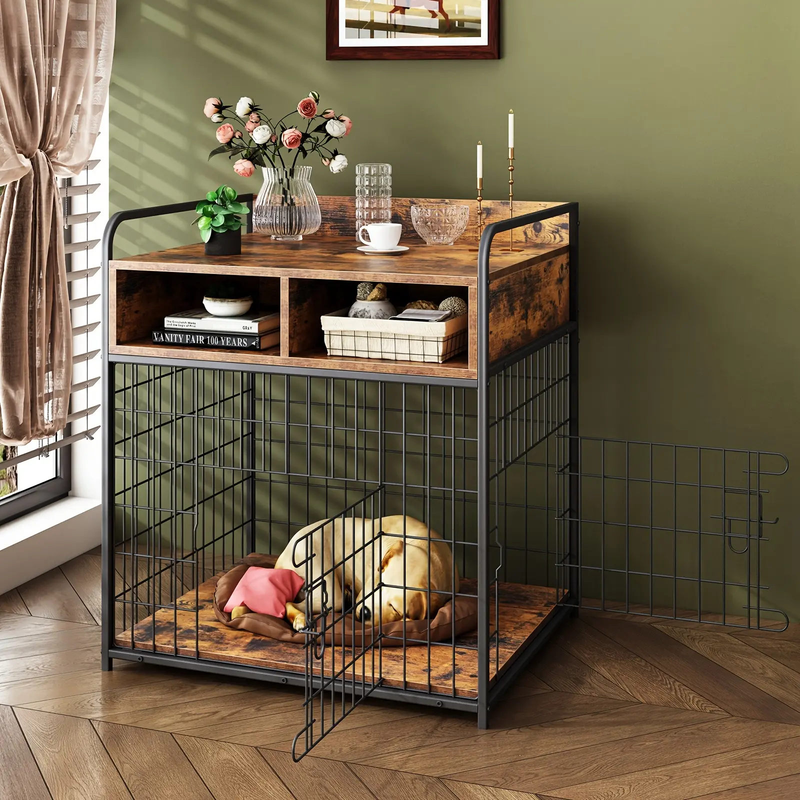 Dog Kennel Indoor Retro Brown Heavy-Duty Iron and Wood Dog Kennel Furniture - Portable 3-Door Enclosure with Storage Cabinet, Removable Tray for Medium Dogs