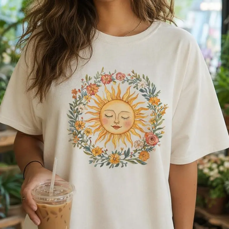 Women's Oversized Loose Boho Graphic T-Shirt, 2XL Big Plus Size Casual Streetwear Sports Top with Retro Sun-Floral Wreath Prints, Short Sleeves, High-Res Print, Fabric Embeds, Round Neck, All-Season Shirts for Women